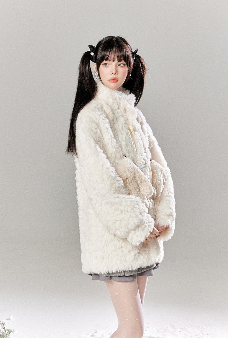 Colorful Horn Button Furry Lambswool Coat/Pleated Skirt TBI0043