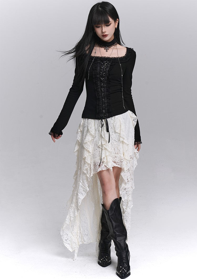 Black Long-Sleeved Lace Slim T-shirt LAD0248