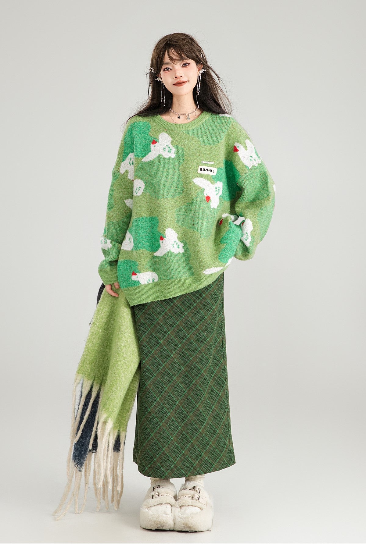 Chick Jacquard Lazy Style Green Sweater KEI0177