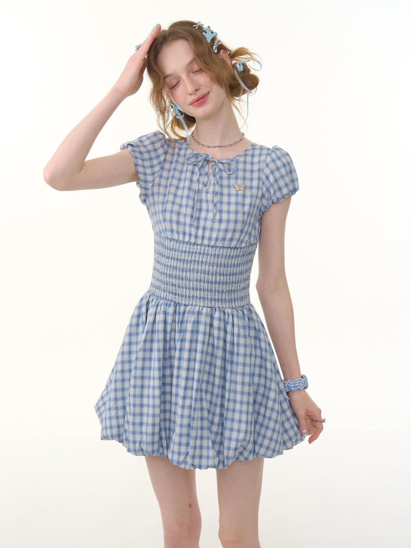 Retro Blue Plaid Puff Sleeve Dress ZIZ0288