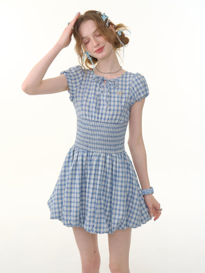Retro Blue Plaid Puff Sleeve Dress ZIZ0288