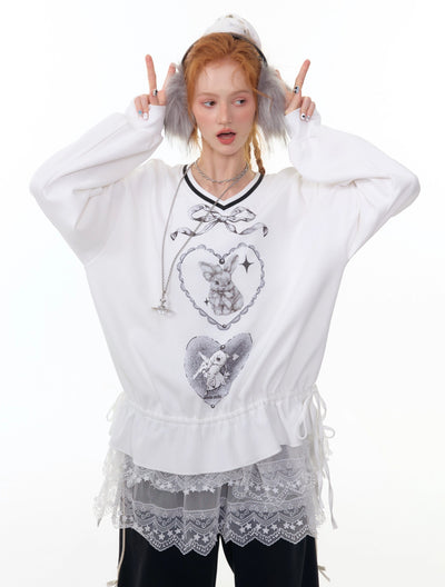 Retro Design Hem Rabbit Print Sweatshirt ZIZ0301