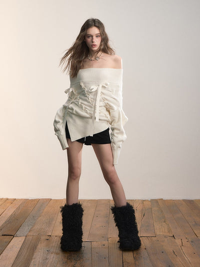 Off-Shoulder Cross-Weave Cable Sweater VIA0369