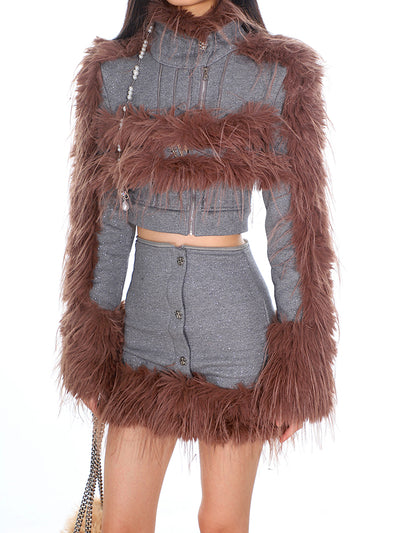 Fur High Collar Deconstruction Detachable Flashing Jacket/Short Skirt UNC0180