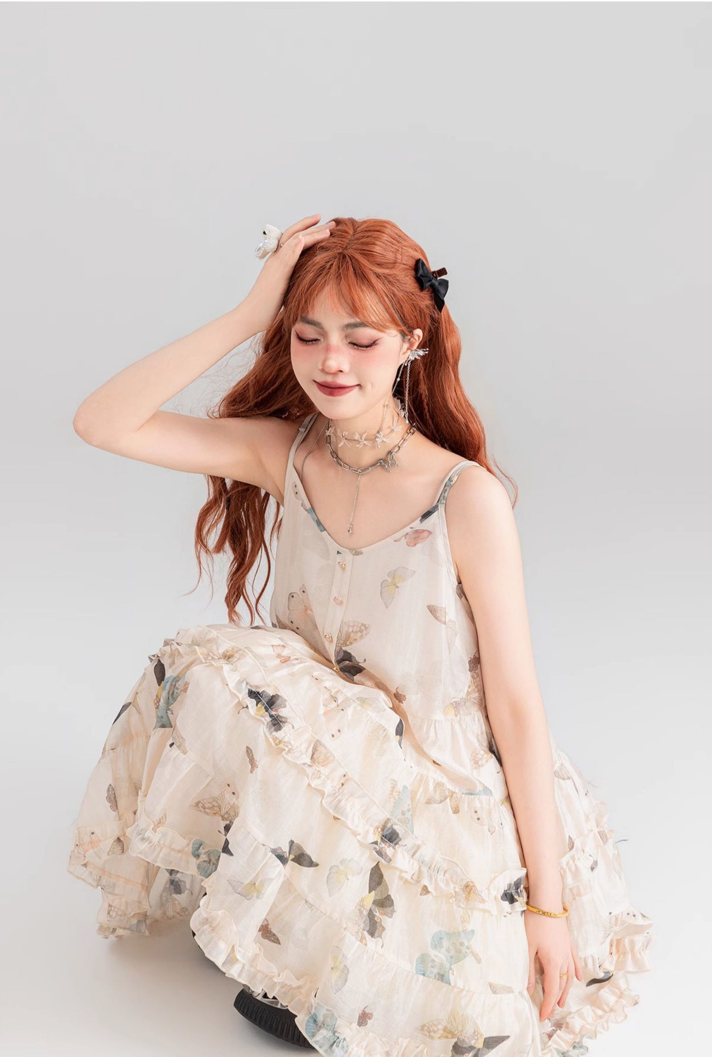 Butterfly Floral Pleated Lace Chiffon Suspender Dress KEI0054