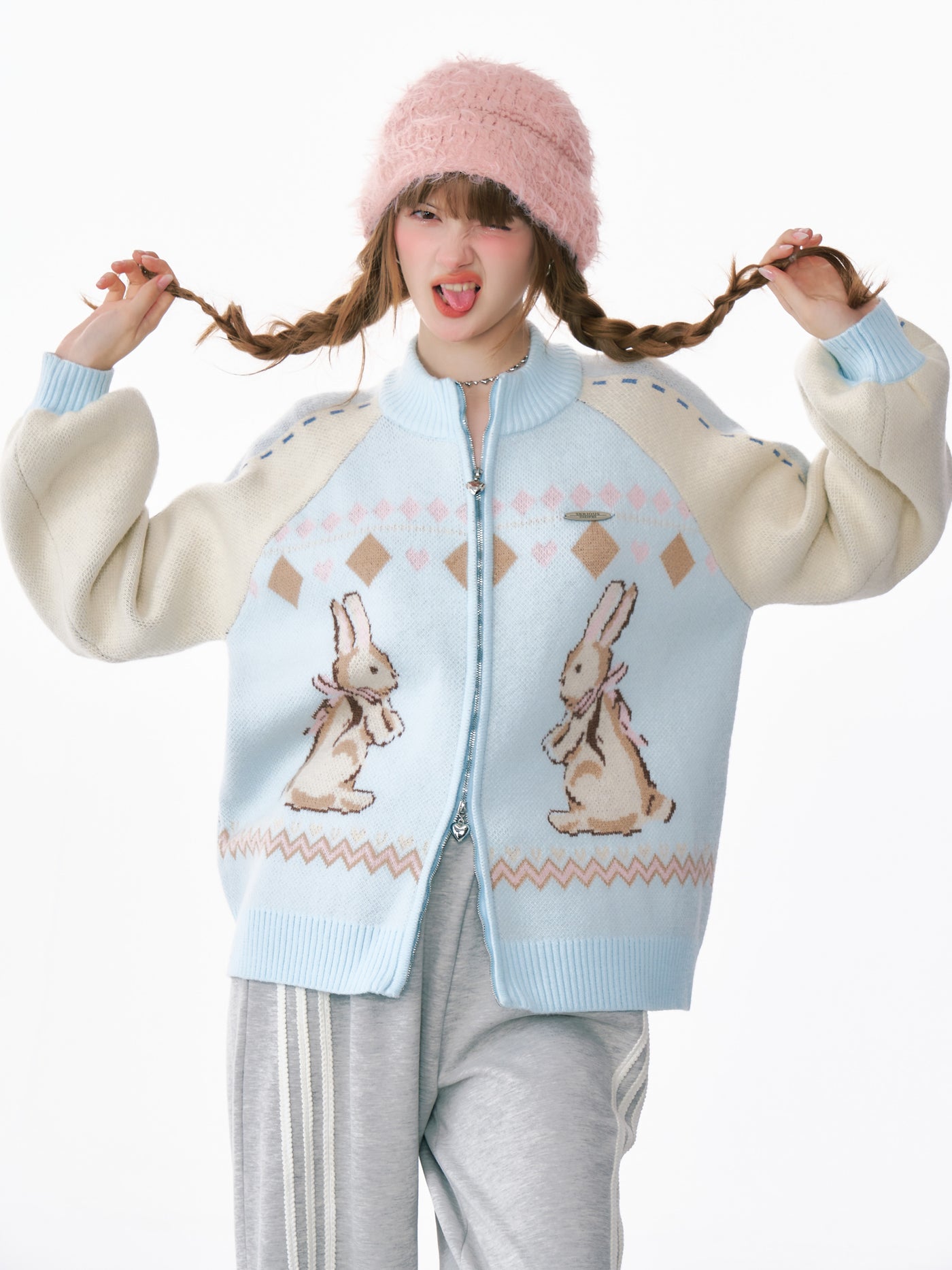 Retro Design Contrast Color Stitching Rabbit Sweater Zipper Cardigan ZIZ0187