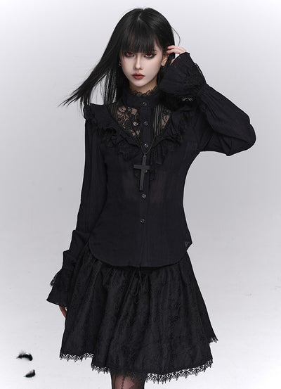 Black Long-Sleeved Lace Shirt LAD0244