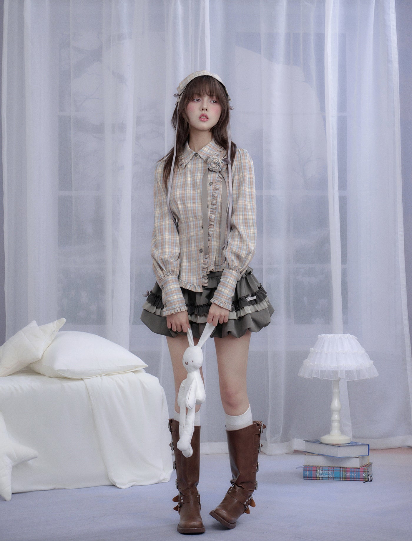 Plaid Rose Brooch Asymmetrical Shirt/Headband SAG0294
