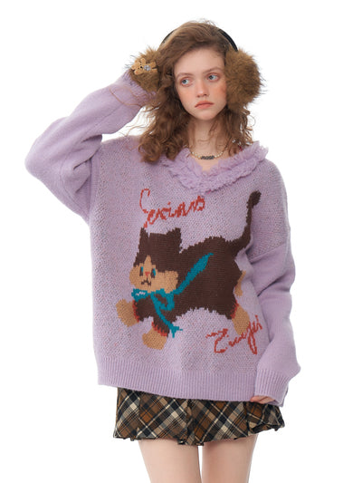 American Retro Design V-neck Lazy Style Loose Cat Sweater ZIZ0191