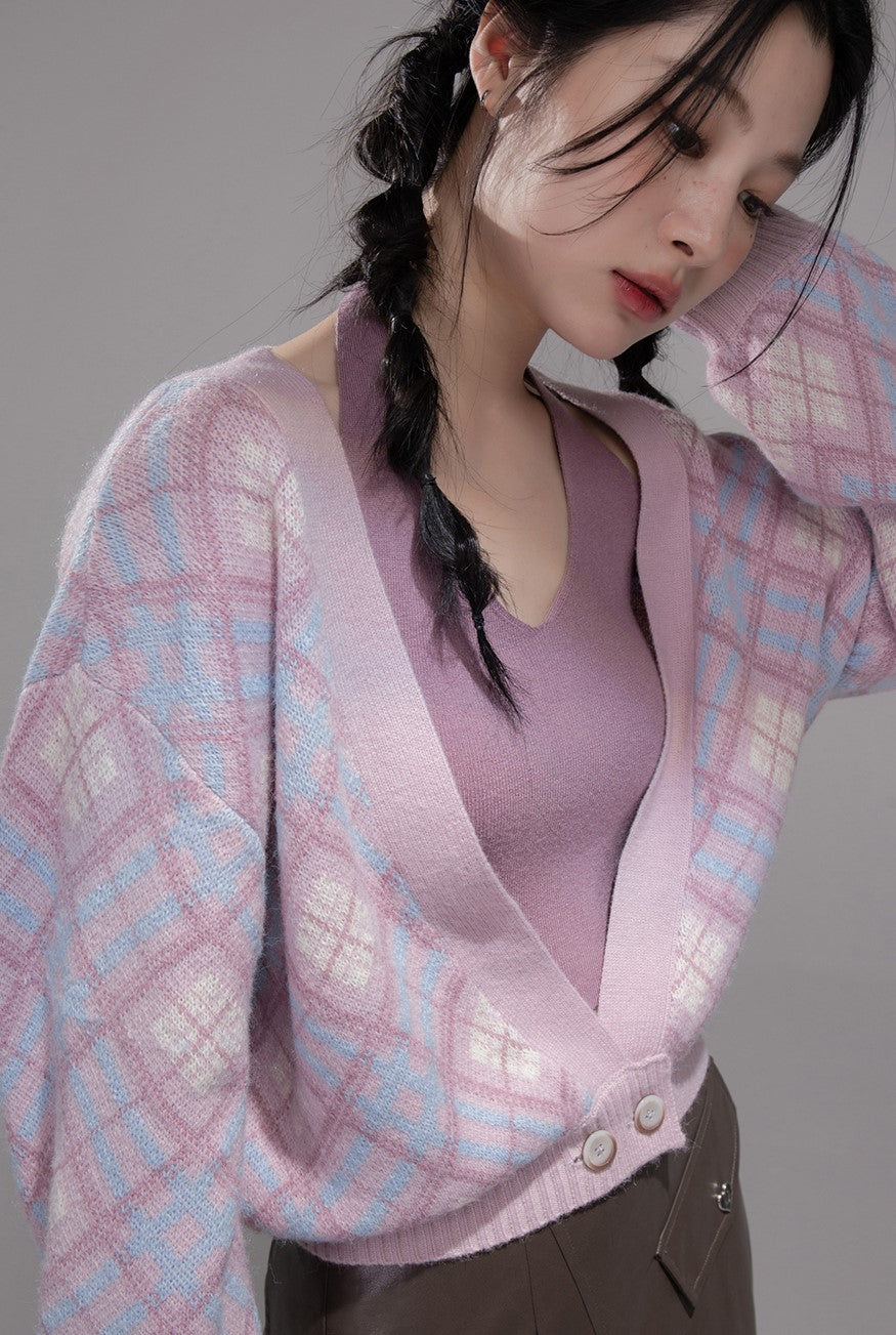 Purple Halter Vest+Diamond-patterned Cardigan COT0362