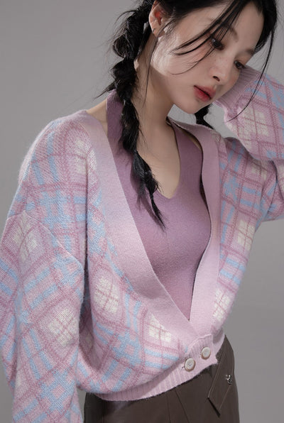 Purple Halter Vest+Diamond-patterned Cardigan COT0362