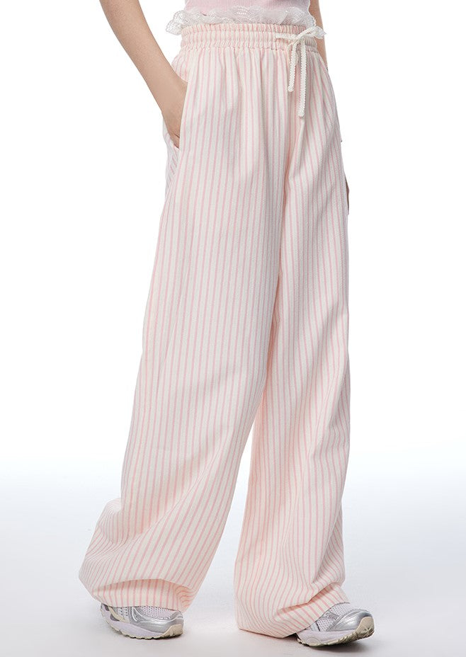 Pink Striped Pleated Lace Waist Casual Pants NTO0112