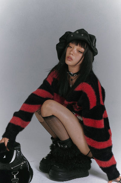 V-neck Spider Loose Striped Sweater KIN0147