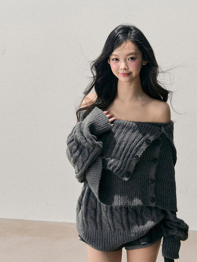 Gray Off-Shoulder Loose Sweater DIA0723