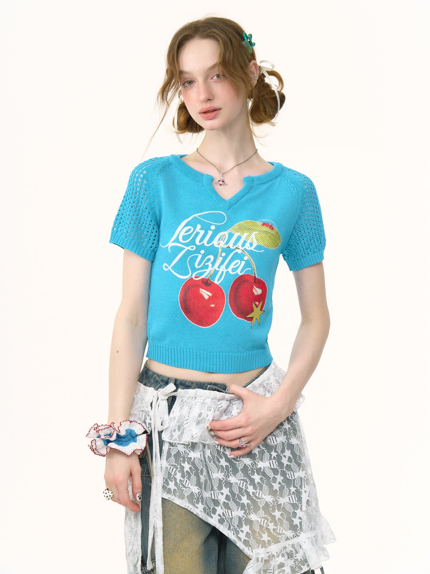 Cherry Print V-neck Short Knit ZIZ0261