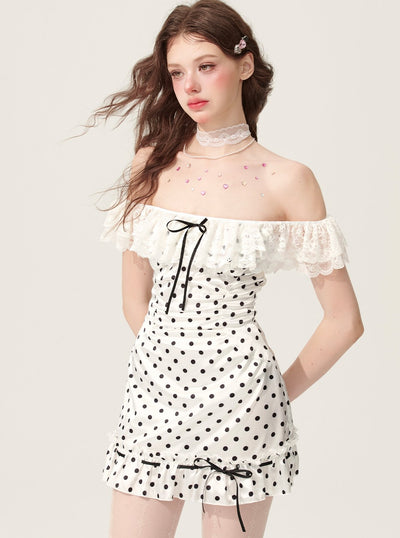 White Polka Dot Lace One Shoulder Dress DIA0177