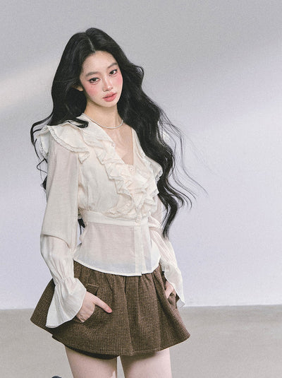 French V-neck Lace Ruffled Shirt DIA0587