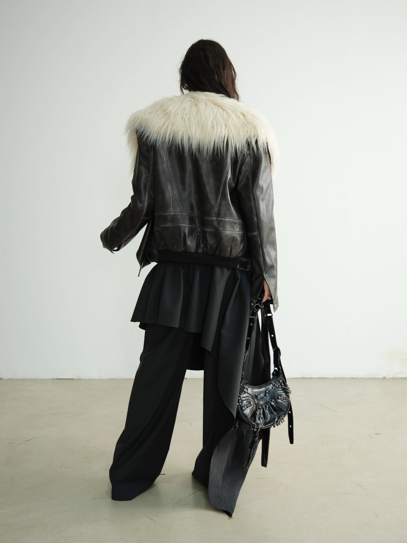 Dark Retro Rock Fur Collar Fake Two-piece Layered Rubbed Color Leather Jacket JNY0192