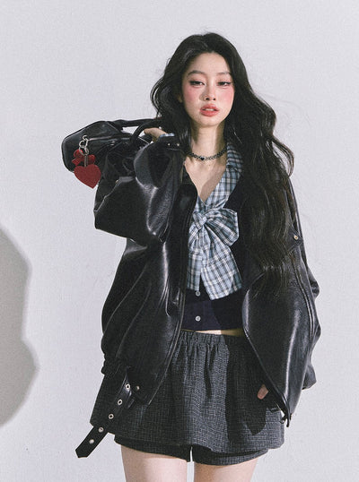 Fake Two-piece Bow Plaid Shirt DIA0599