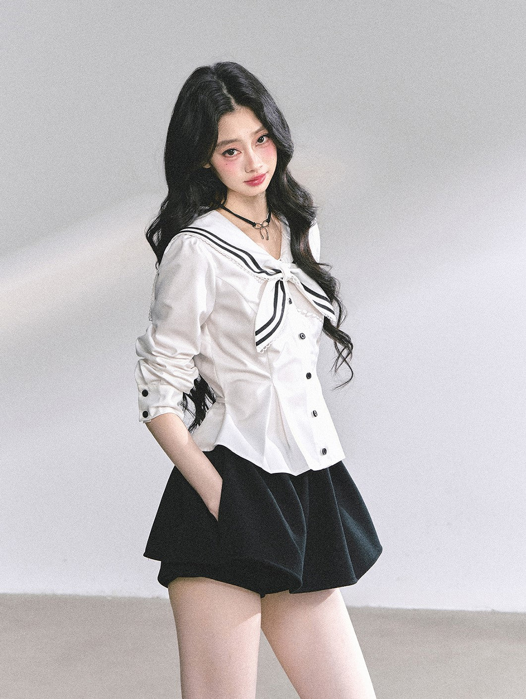 Lace Bow Navy Collar Shirt DIA0554