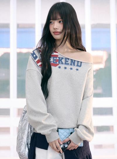 American Print Casual Off-Shoulder Sweatshirt WEE0077