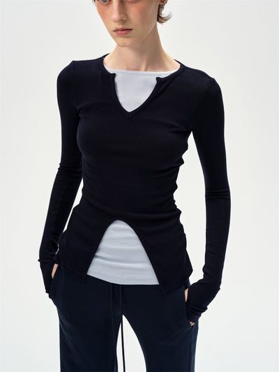 V-neck Patchwork Slit Hem T-shirt CUR0263