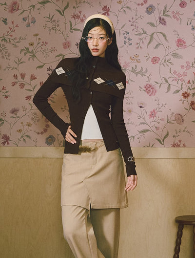 Argyle Design Long-Sleeved Knitted Cardigan LAL0230