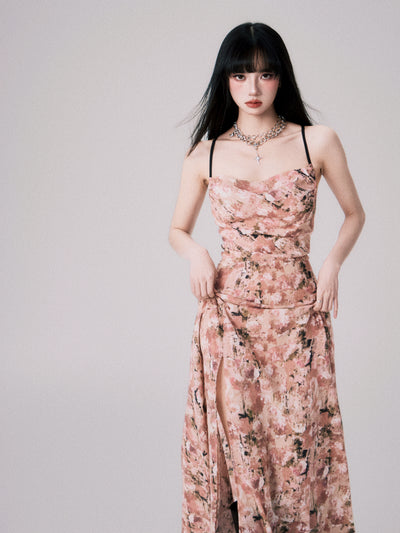 Apricot Pink Floral Swing Collar Backless Suspender Dress LUL0060