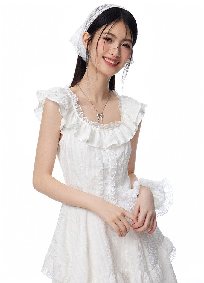 Ruffle Irregular Lace Textured White Dress NTO0092