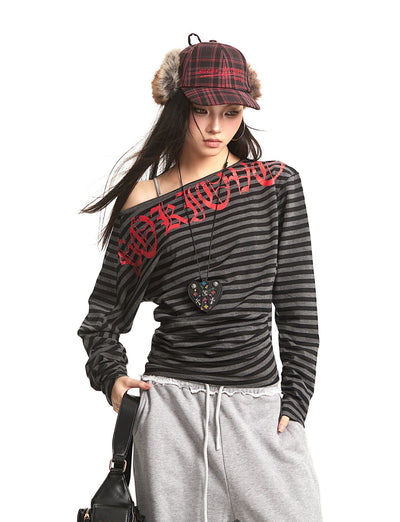 Striped Oblique Shoulder Long-sleeved T-shirt UNC0279