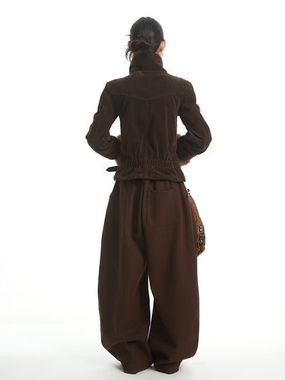 Retro Style Fur Collar Patchwork Suede Jacket UNC0327