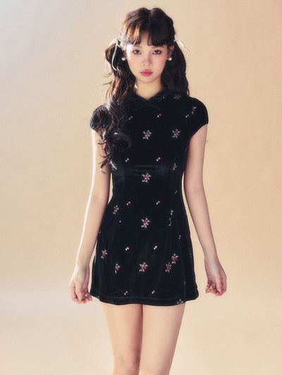 Black Embroidered Velvet Dress SUN0054