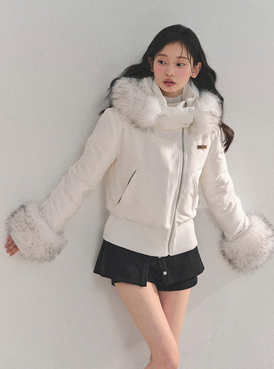 White Fur Hooded Down Jacket DIA0714