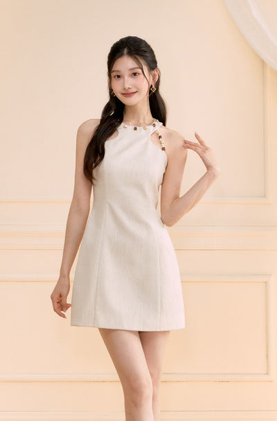 Halter Neck Beaded Linen Short Dress OSH0173