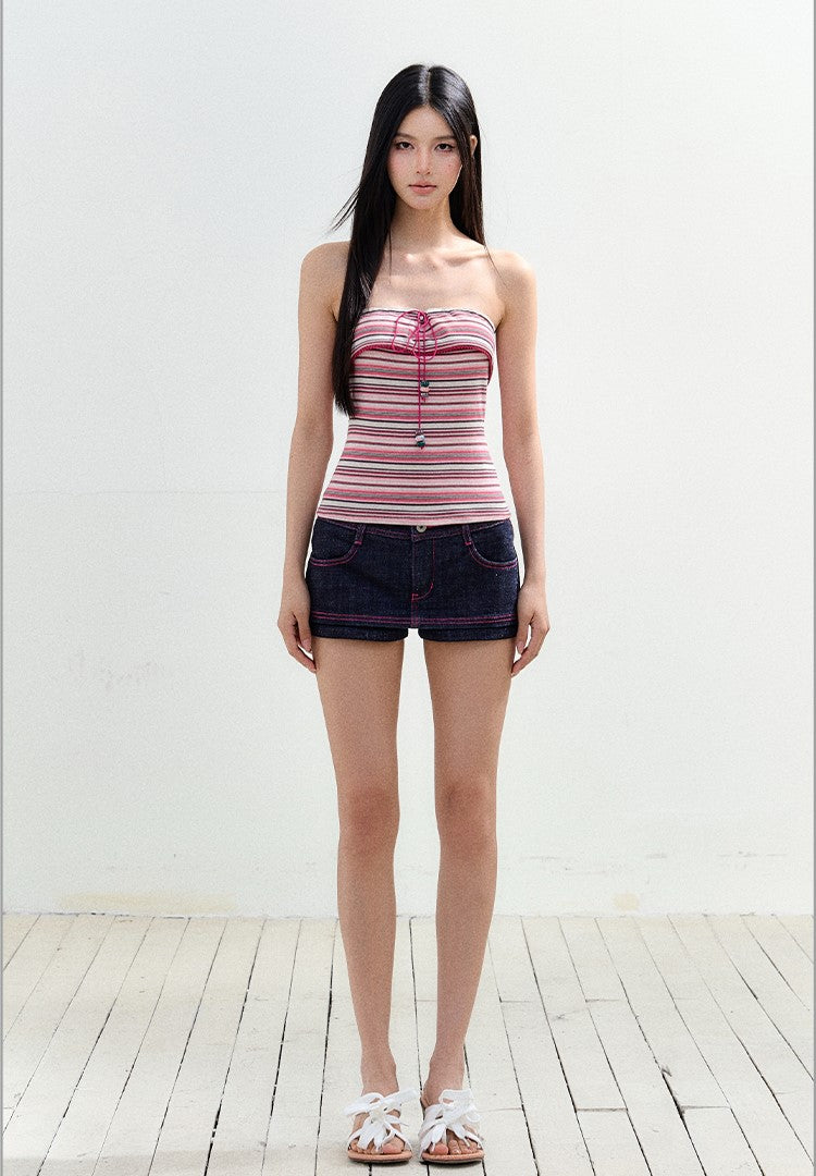 Drawstring Lace Striped Tube Top AGM0159