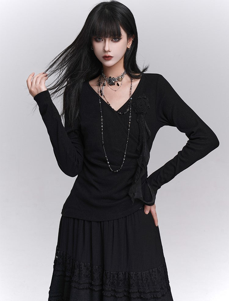 Stylish Rose Black Long-Sleeved Top LAD0236