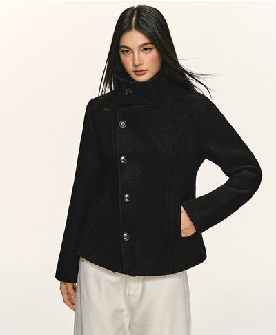 Double-Faced Stand Collar Black Short Coat ANA0076