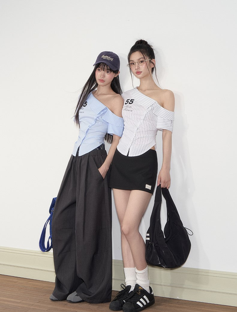 Casual Oblique Shoulder Striped Shirt SOO0012