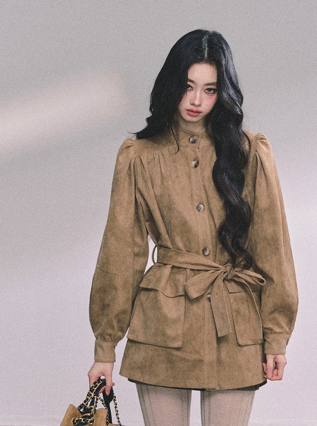 Coffee Brown Suede Stand Collar Jacket DIA0609