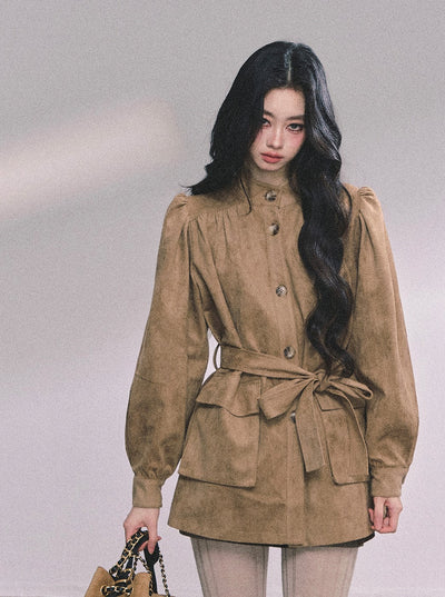 Coffee Brown Suede Stand Collar Jacket DIA0609