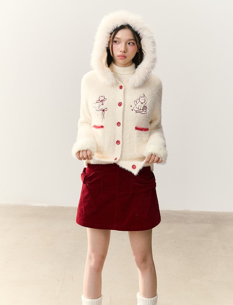 Cat Embroidery Fur Collar Knit Cardigan NTO0248