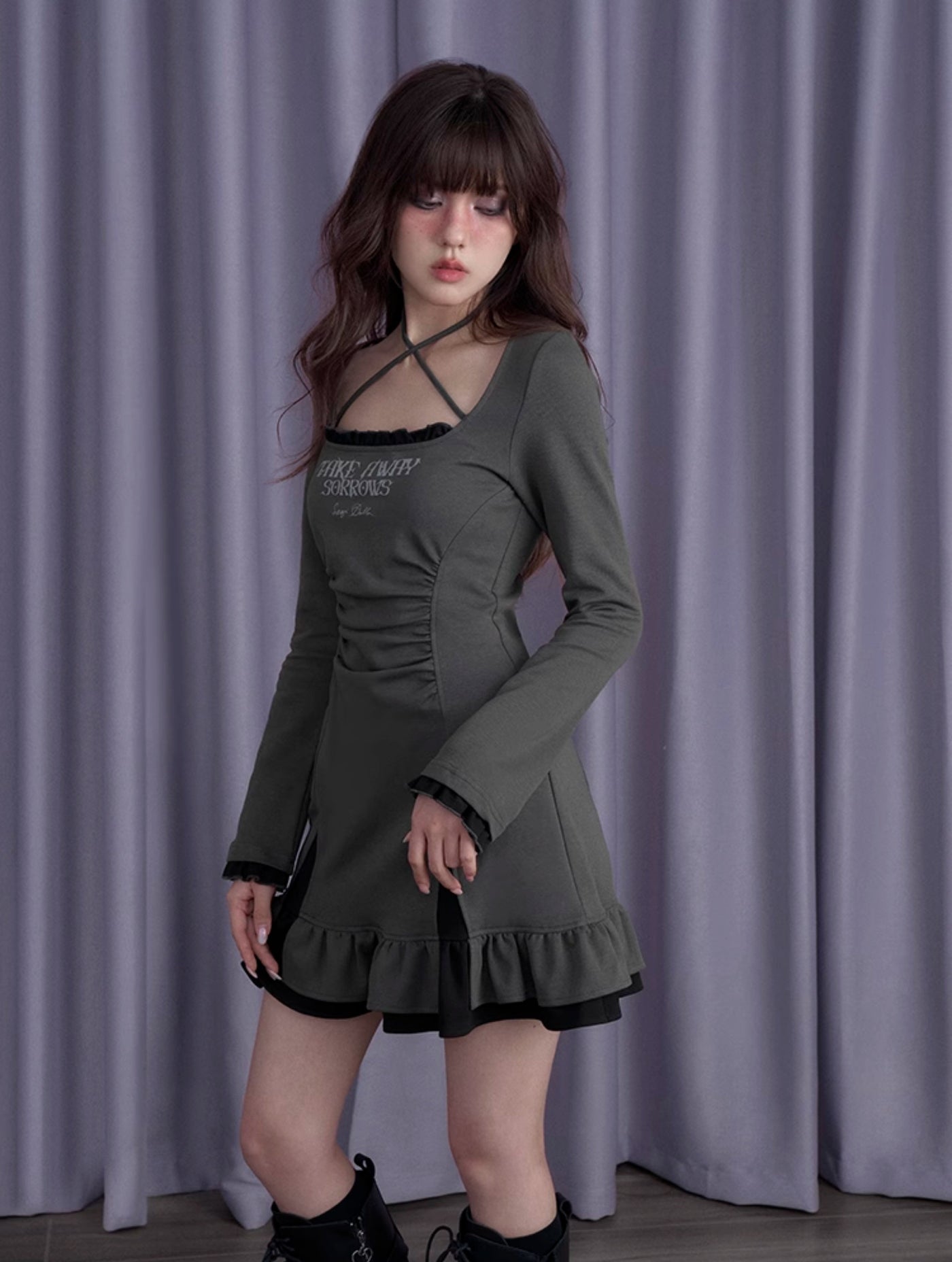 Dark Gray Fake Two-piece Dress SAG0199