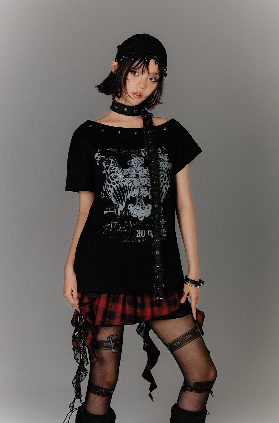 Belt Off-shoulder Subculture T-shirt KIN0135