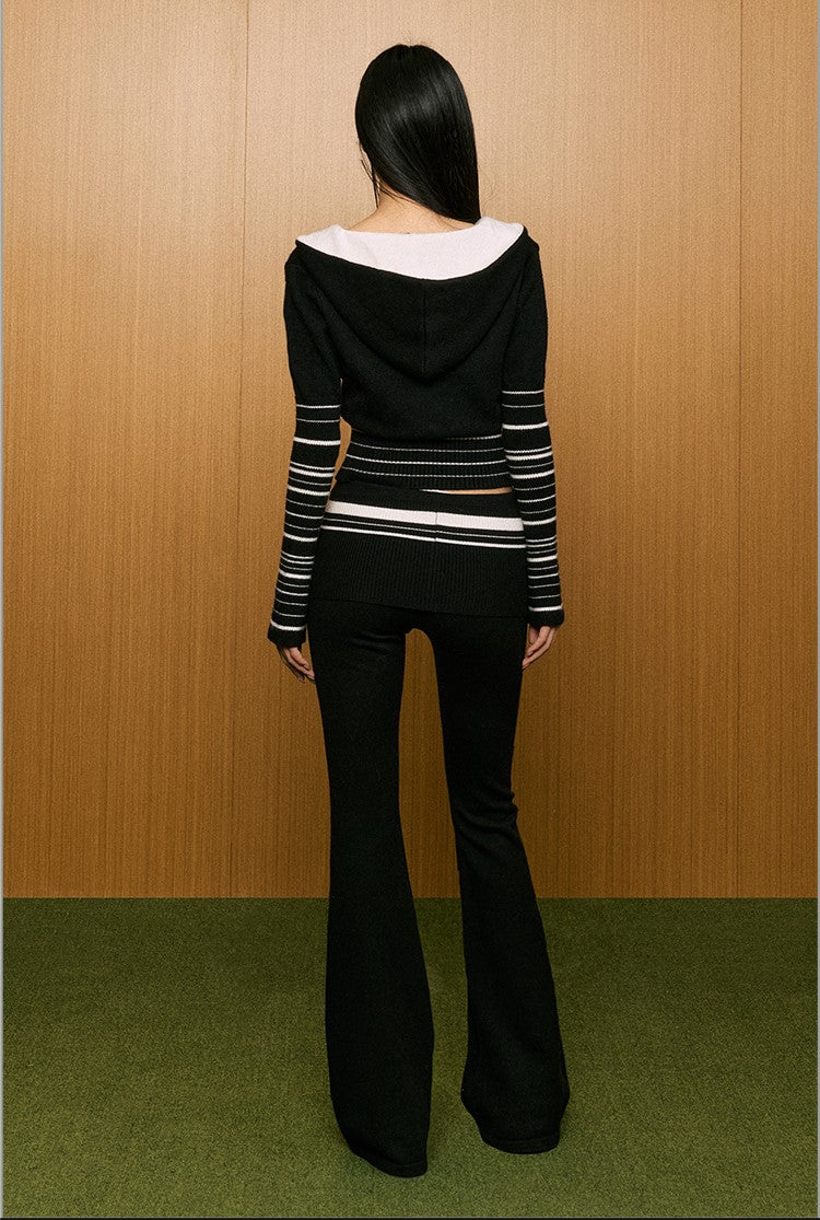 Striped Hooded Sweater Knitted Jacket/Slightly Flared Slim Fit Pants AGM0088