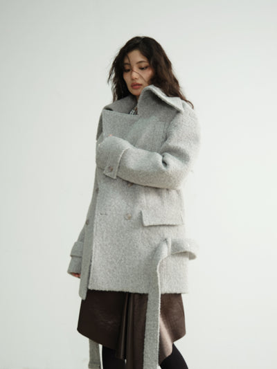 Large Stand-up Collar Gnderless Light Gray Woolen Coat JNY0185