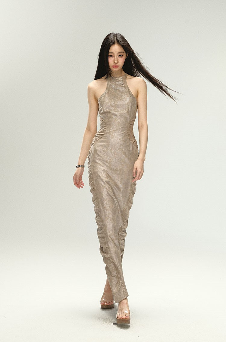 Shiny Pleated Long Sleeveless Dress 4MU0053