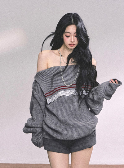 Lace Off-shoulder Loose Sweater DIA0632