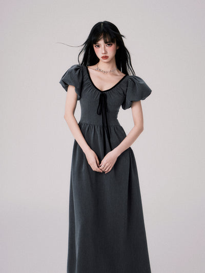 Dark Gray French V-neck Puff Sleeve Dress LUL0063