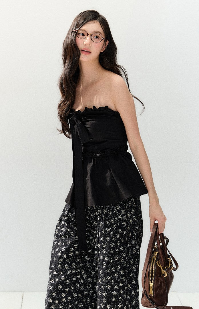 Black Lazy Drape Flower Pants SHI0145