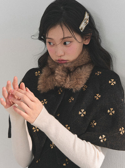 Sequins Design Dress/Detachable Fur Collar Cape DIA0750